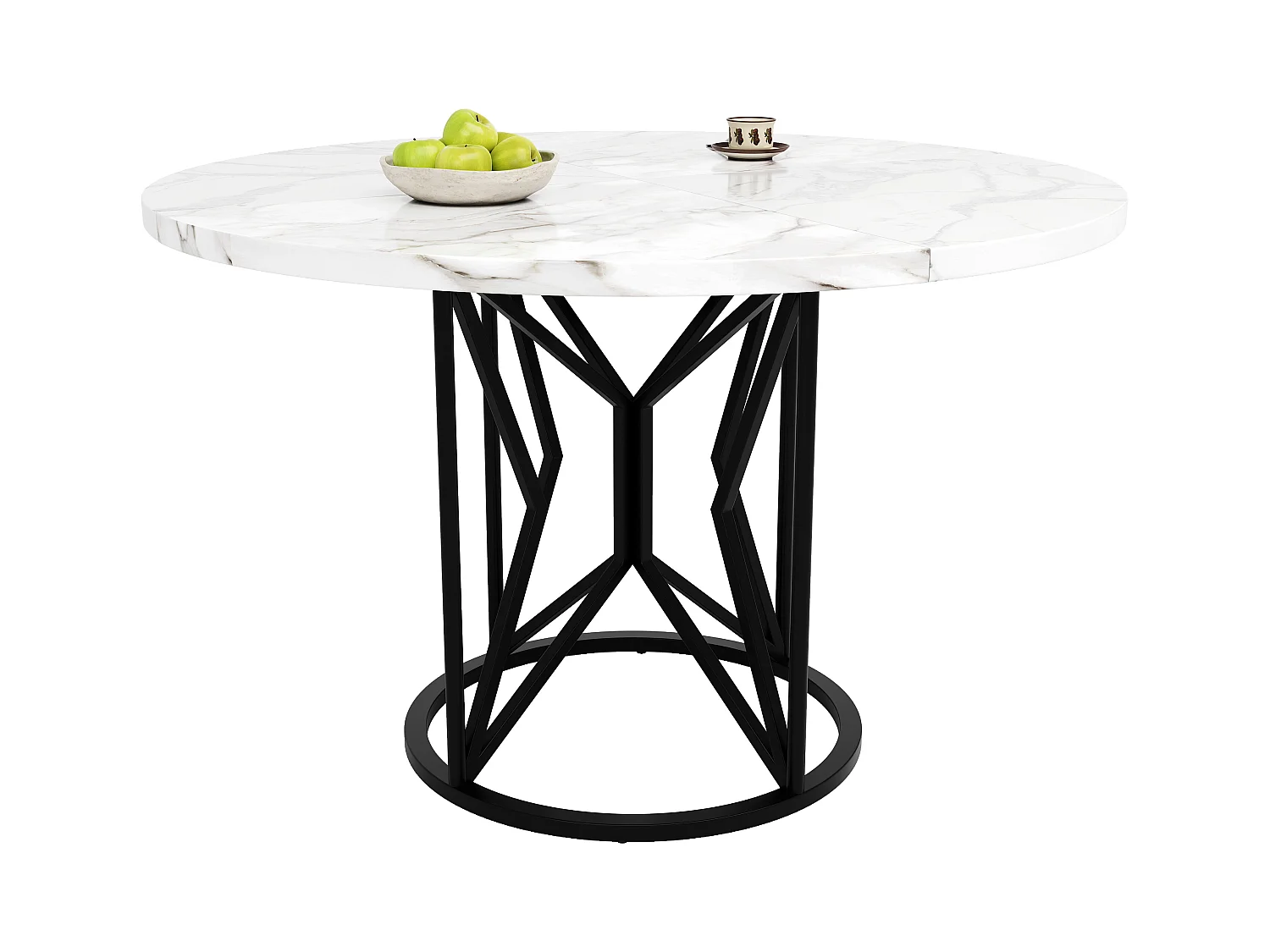 Ronde eettafel voor 4 personen, blad van wit marmerfineer met zwarte metalen poten in het midden - 100x100x76cm
