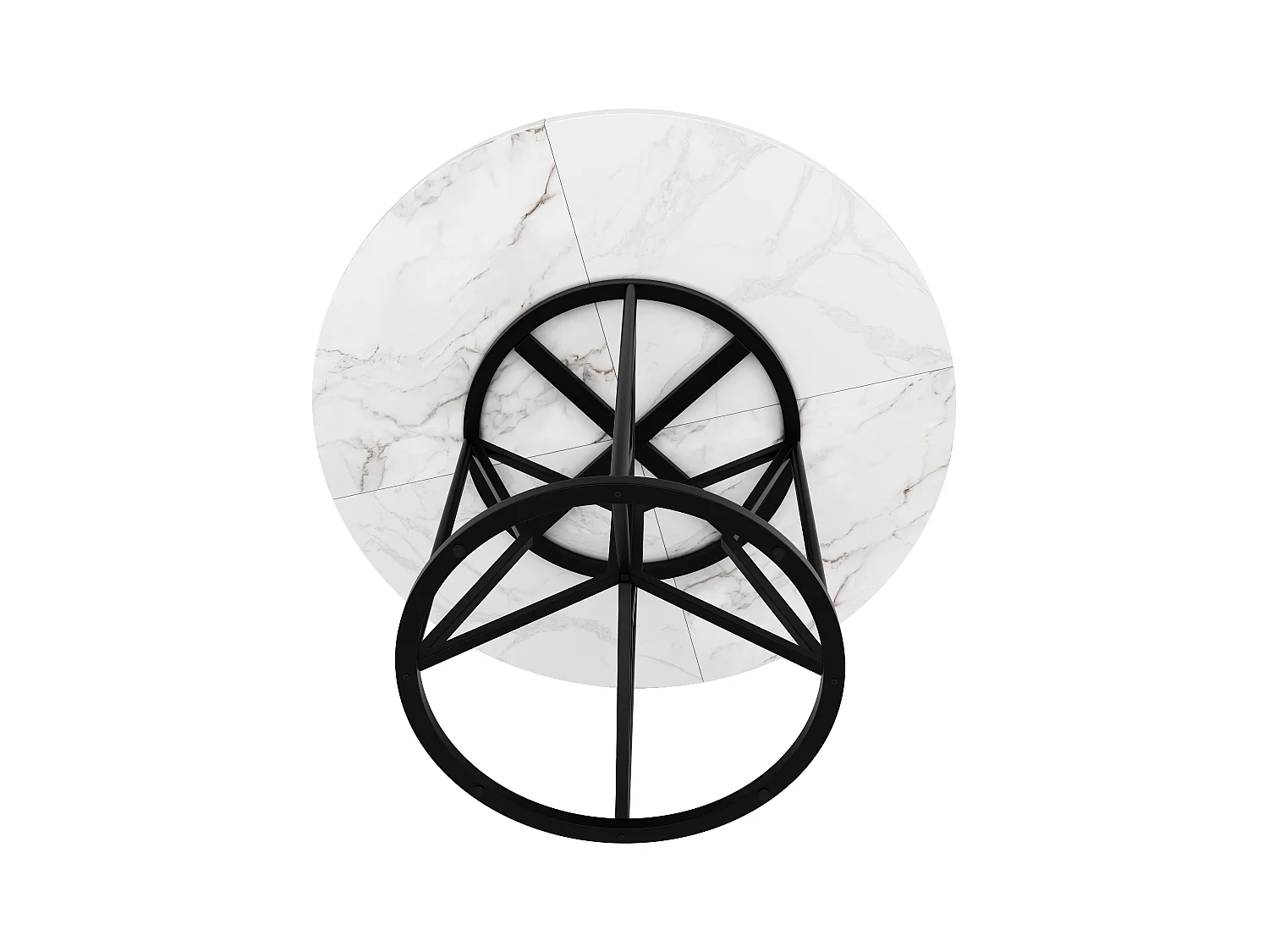 Ronde eettafel voor 4 personen, blad van wit marmerfineer met zwarte metalen poten in het midden - 100x100x76cm