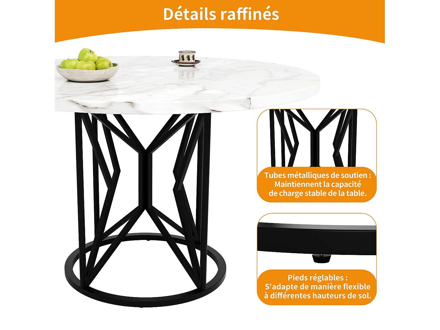 Table à manger ronde 4 personnes, plateau en placage marbre blanc avec pieds central en métal noir - 100x100x76cm