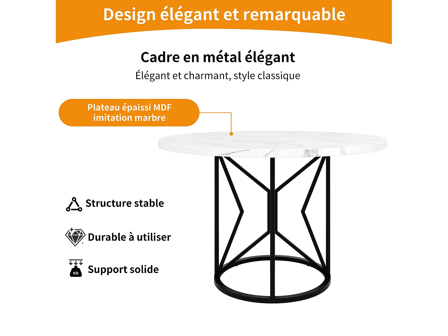 Table à manger ronde 4 personnes, plateau en placage marbre blanc avec pieds central en métal noir - 100x100x76cm