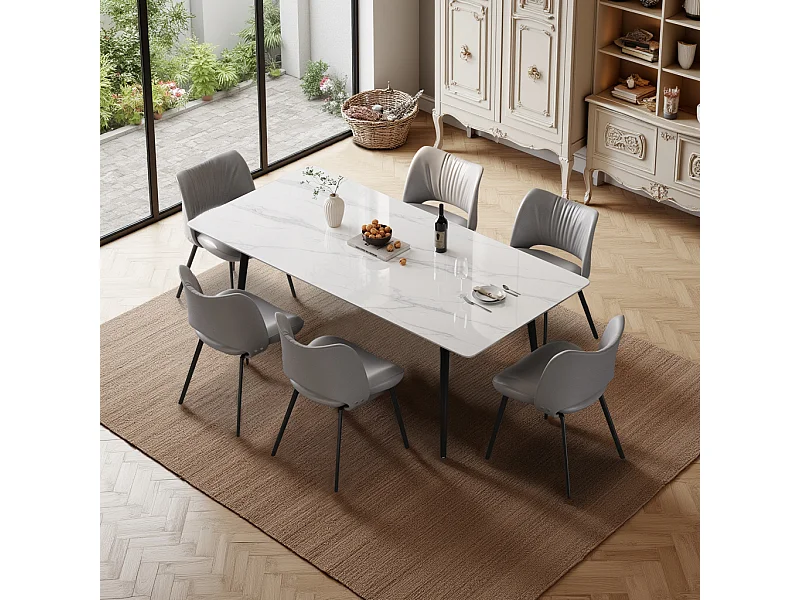 Eetkamerset met 6 stoelen, tafel 180x90x75 cm, tafelblad van gesinterde steen, beige design voor keuken en eetkamer