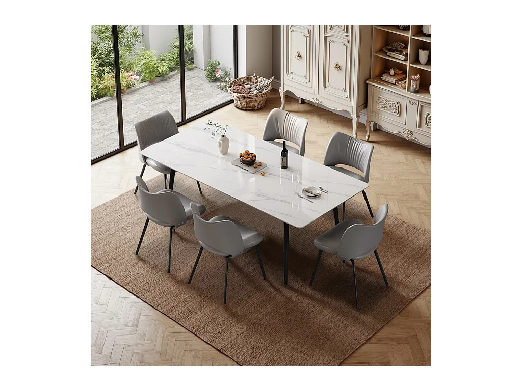 Eetkamerset met 6 stoelen, tafel 180x90x75 cm, tafelblad van gesinterde steen, beige design voor keuken en eetkamer