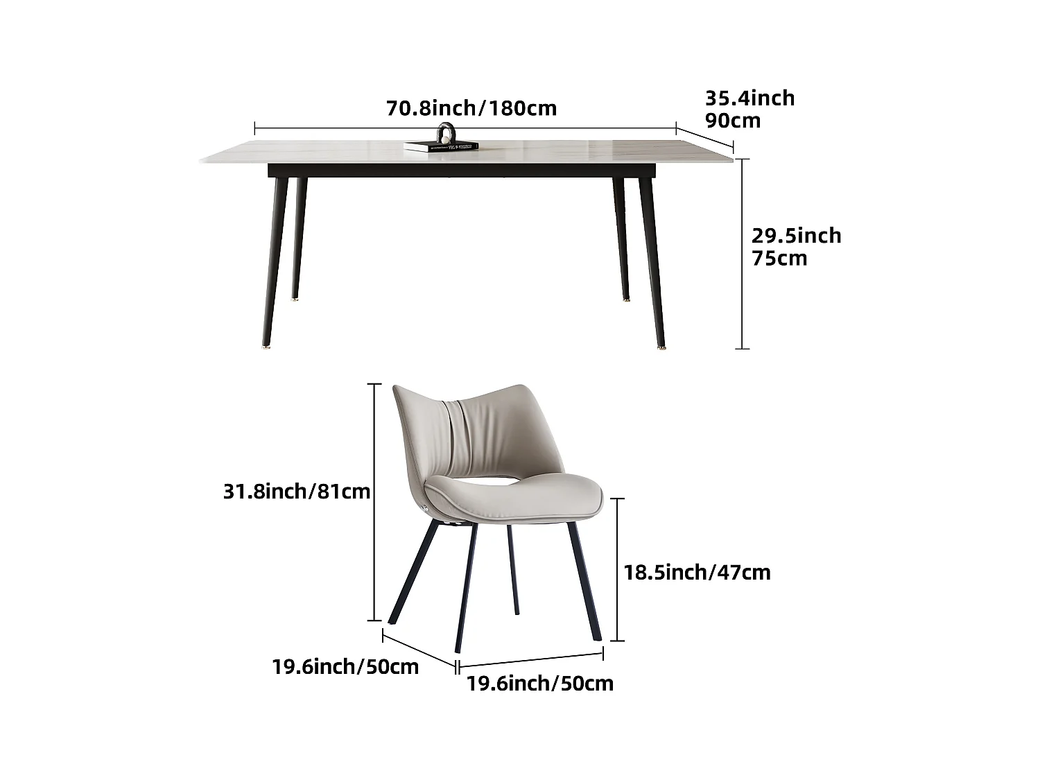 Eetkamerset met 6 stoelen, tafel 180x90x75 cm, tafelblad van gesinterde steen, beige design voor keuken en eetkamer