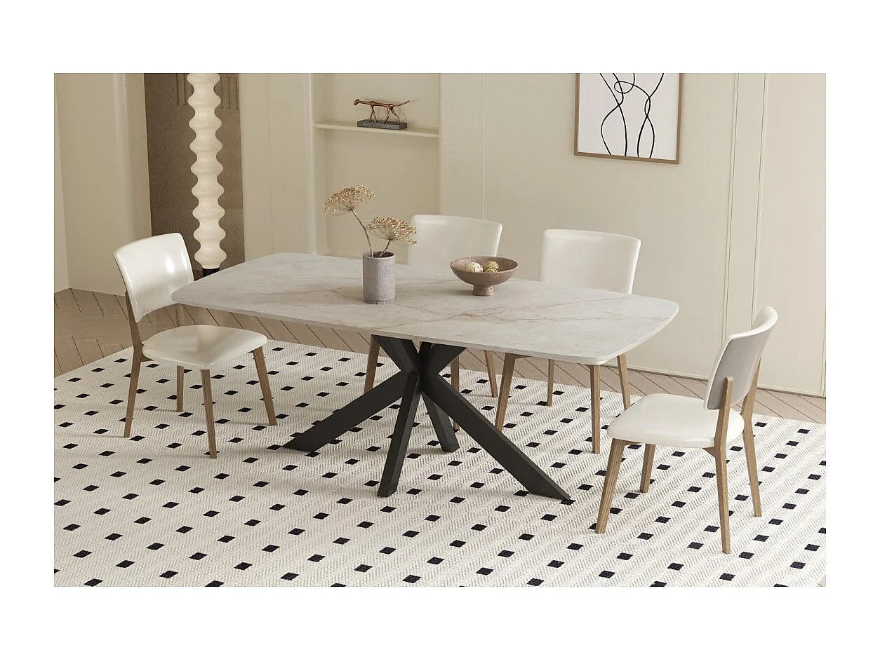 Mesa de jantar ARVENA – 180x90 cm – Cor bege mármore – Tampo com efeito de pedra – Design elegante e moderno