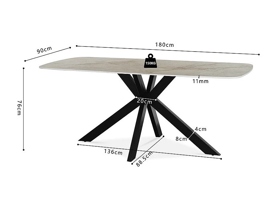 Mesa de jantar ARVENA – 180x90 cm – Cor bege mármore – Tampo com efeito de pedra – Design elegante e moderno