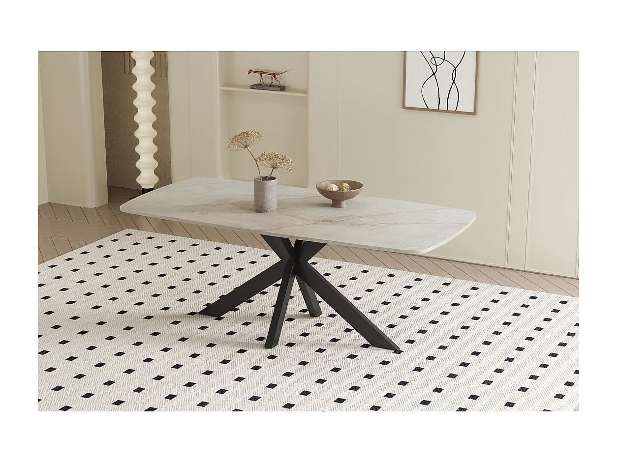 Mesa de jantar ARVENA – 180x90 cm – Cor bege mármore – Tampo com efeito de pedra – Design elegante e moderno