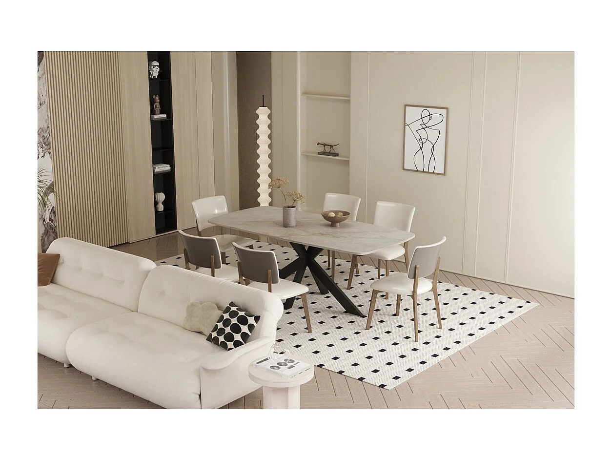 Mesa de jantar ARVENA – 180x90 cm – Cor bege mármore – Tampo com efeito de pedra – Design elegante e moderno