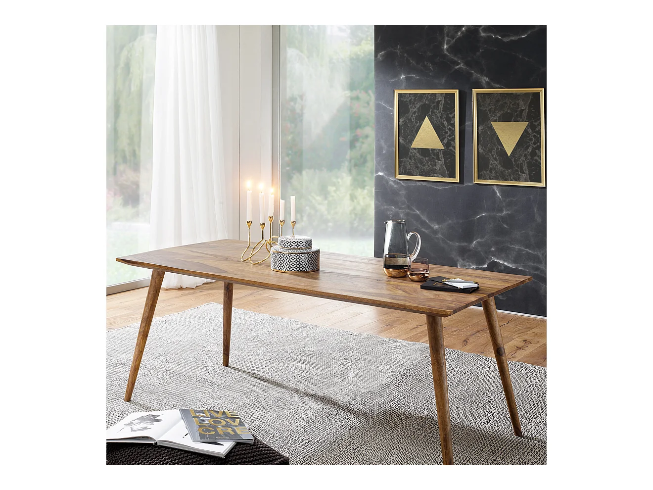 Sheesham massief houten eettafel 160x80x76 cm, moderne rechthoekige keukentafel in landhuisstijl, grote eettafel