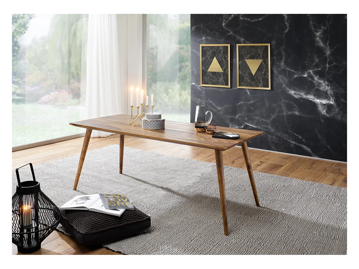 Sheesham massief houten eettafel 160x80x76 cm, moderne rechthoekige keukentafel in landhuisstijl, grote eettafel