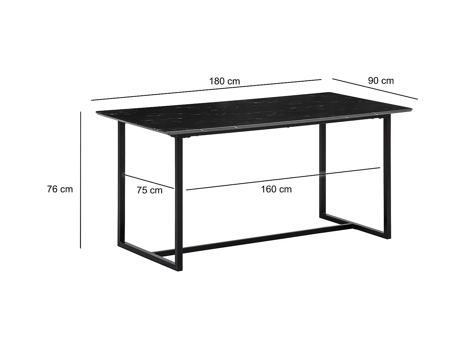 Eettafel 200x90x76 cm Wit Modern Marmer Effect, Grote Keukentafel, Rechthoekige Eettafel met Metalen Poten