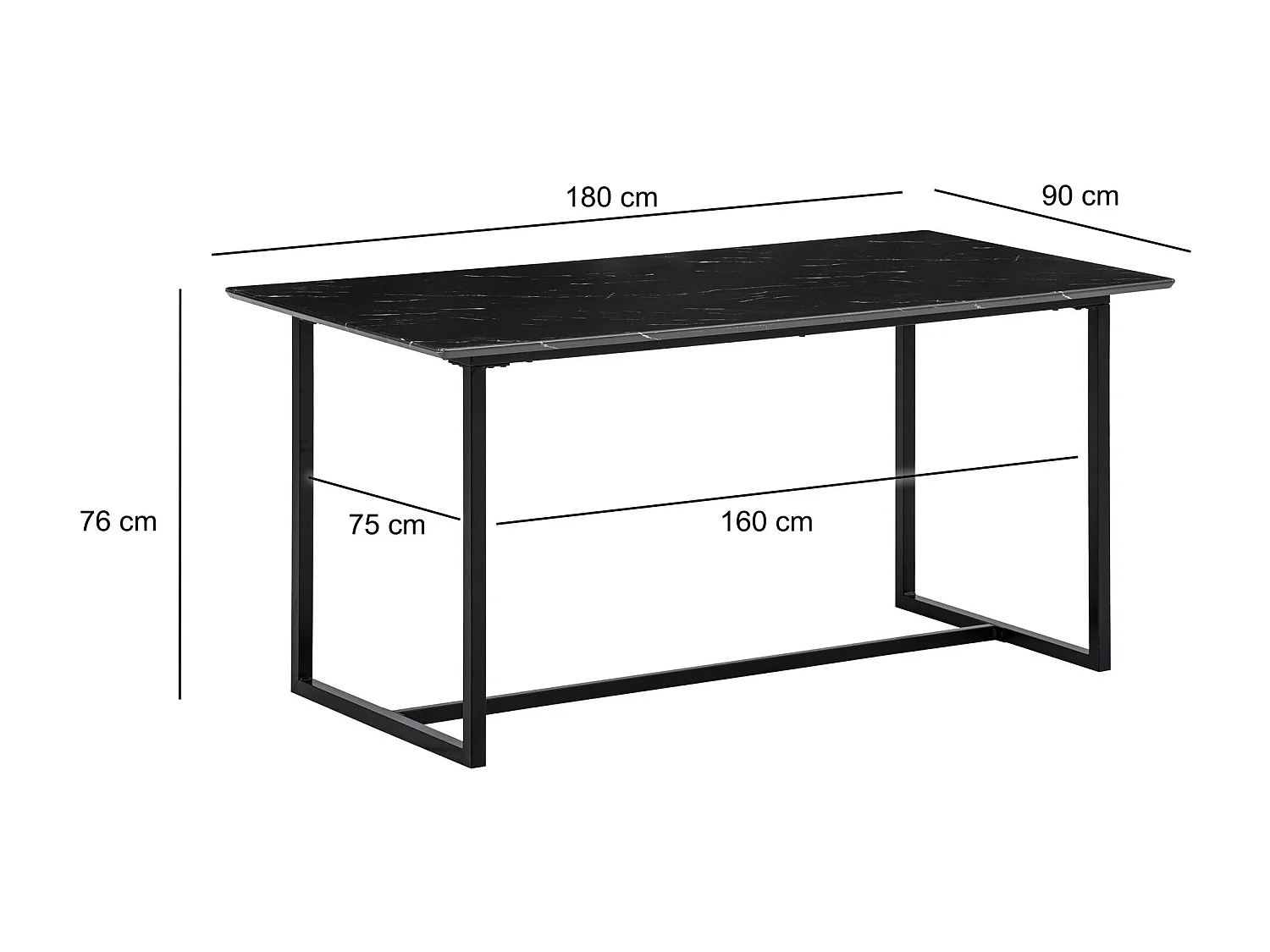 Table de Salle à Manger 180x90x76 cm Noir Effet Marbre Moderne, Grande Table de Cuisine, Table de