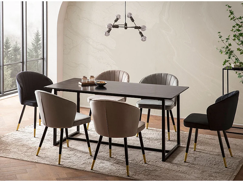 Eetkamertafel 180x90x76 cm Keukentafel Zwart in Marmerlook Modern, Eettafel Groot, Eettafel Rechthoekig, Tafel Eetkamer met Metalen Poten