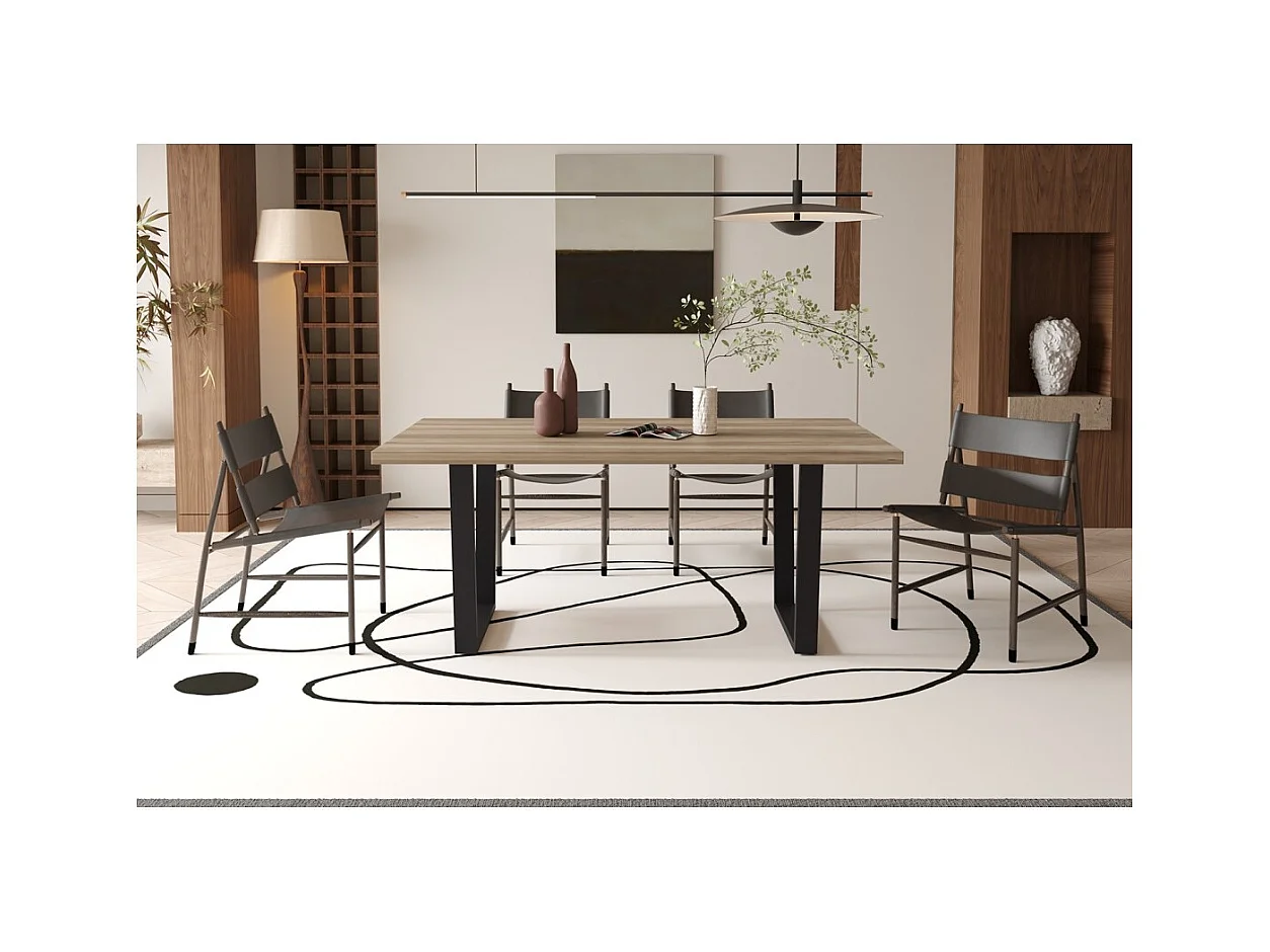 Mesa de comedor ALTONIA – 180x90 cm – Efecto madera de mango – Patas de metal – Diseño industrial y acogedor