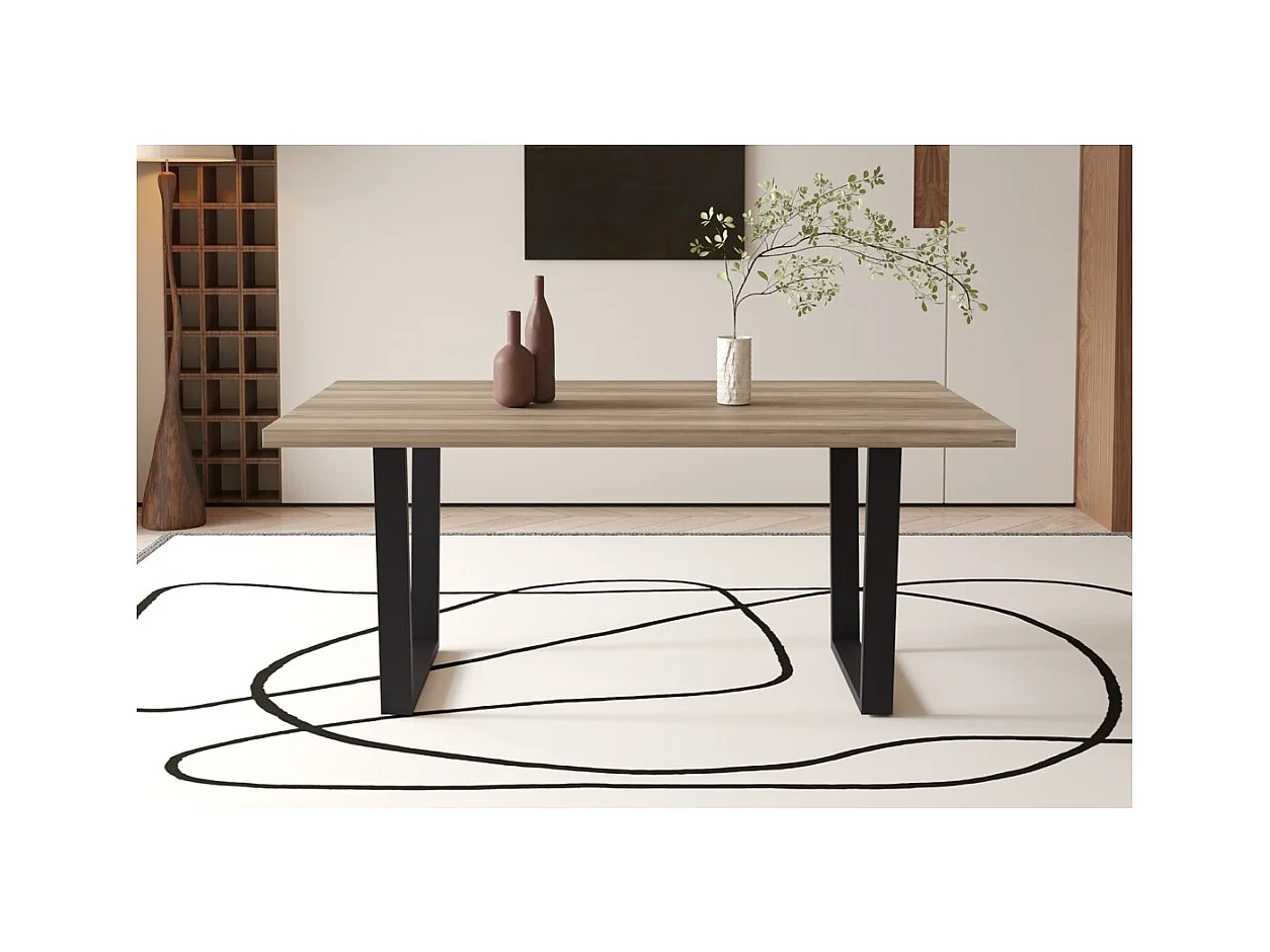 Mesa de comedor ALTONIA – 180x90 cm – Efecto madera de mango – Patas de metal – Diseño industrial y acogedor