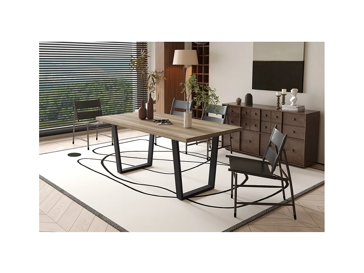 Mesa de comedor ALTONIA – 180x90 cm – Efecto madera de mango – Patas de metal – Diseño industrial y acogedor