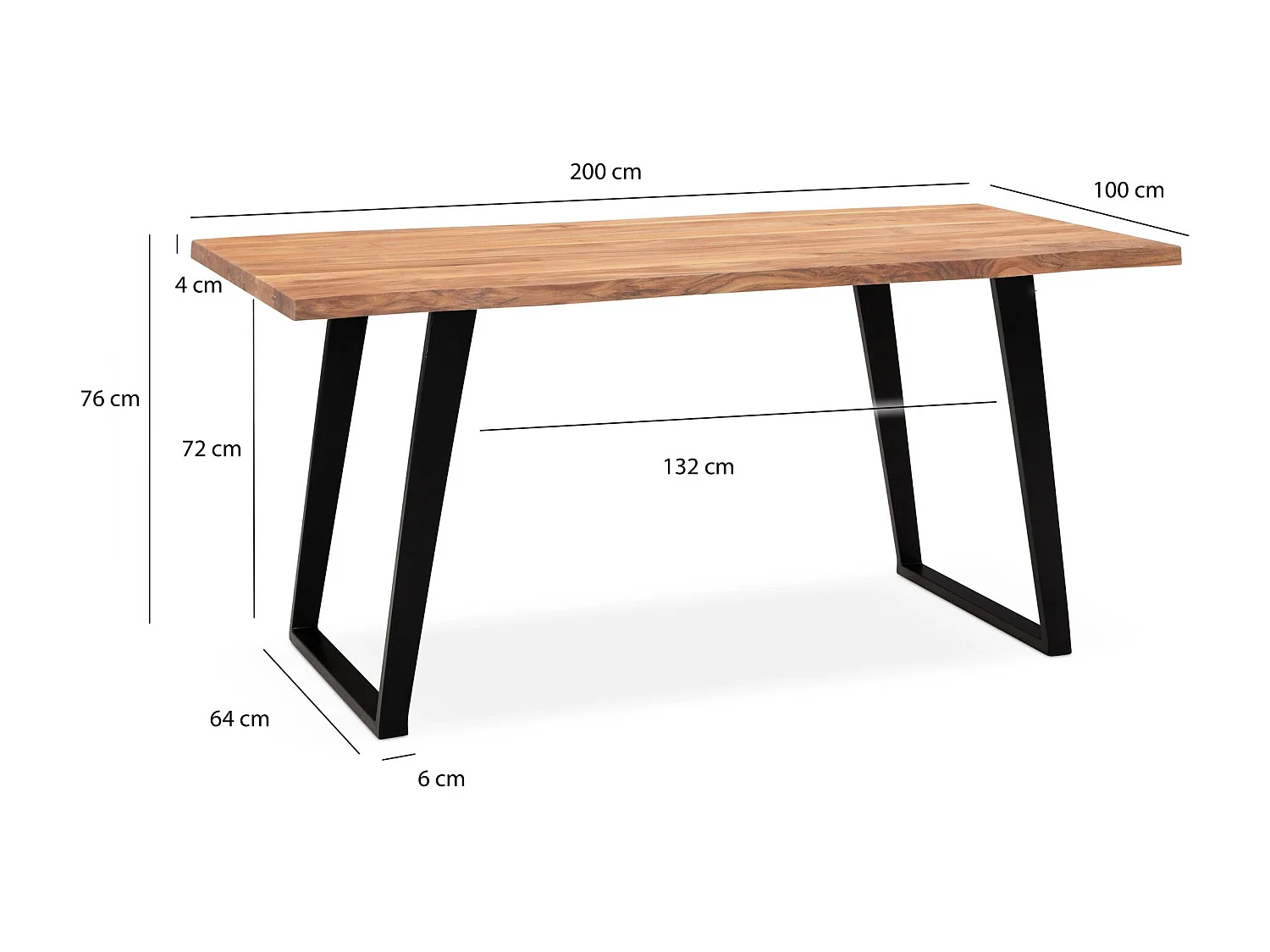 Table de Salle à Manger 200x100x76 cm en Bois Massif d’Acacia et Métal, Table de Cuisine avec