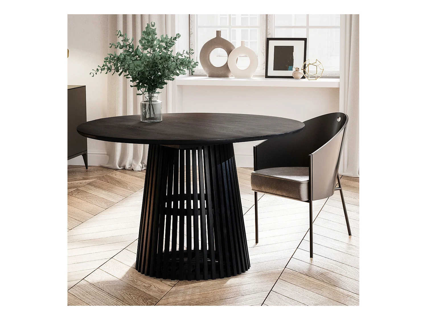 Eetkamertafel 120x120x77 cm mango massief hout zwarte eettafel modern | Stevige keukentafel met rasterframe | Houten tafel eetkamer rond | Kleine houten eettafel