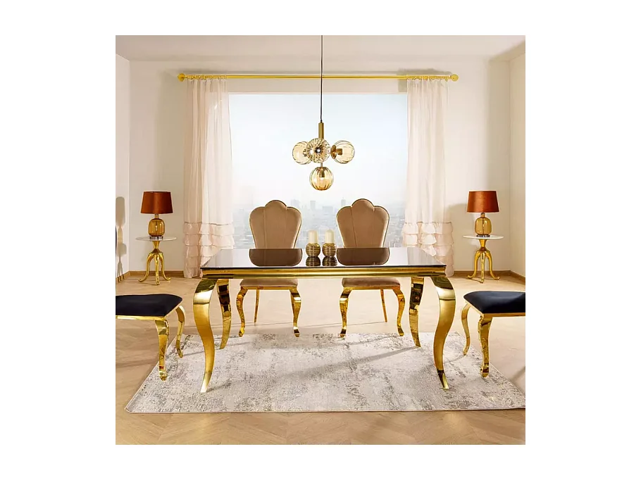 Table rectangulaire 150 cm 8 pers verre noir pied doré chic IMPERIAZ