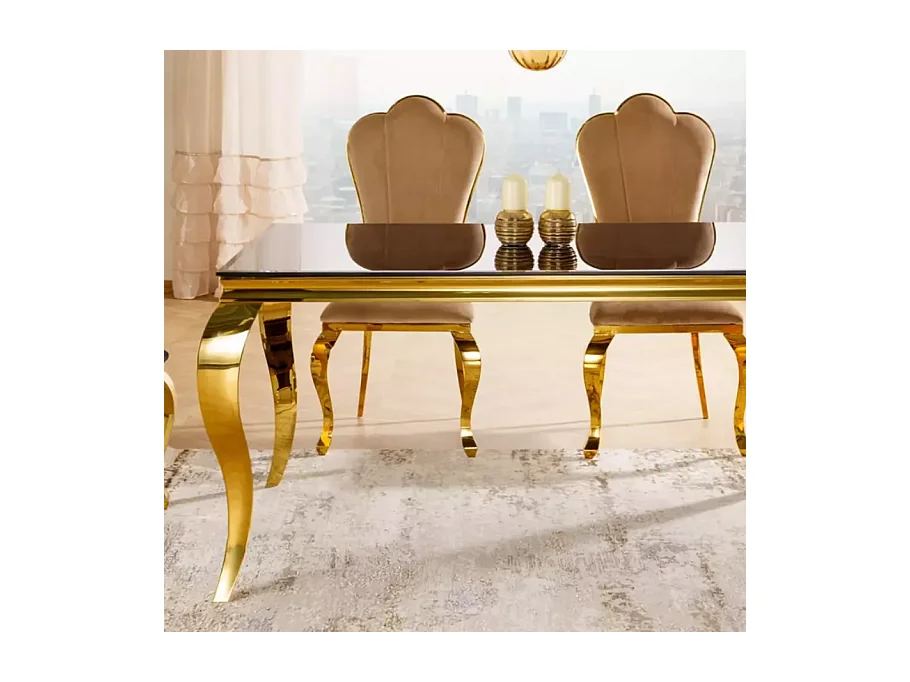 Table rectangulaire 150 cm 8 pers verre noir pied doré chic IMPERIAZ