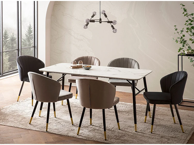 Eettafel 200x90x76 cm Zwart Modern Marmer Effect, Grote Rechthoekige Keukentafel met Metalen Poten