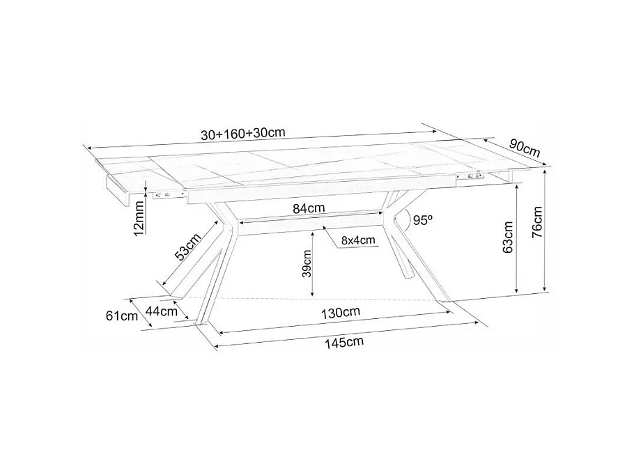 Table de salle à manger extensible 160 + 60cm en céramique noir mat MARTA