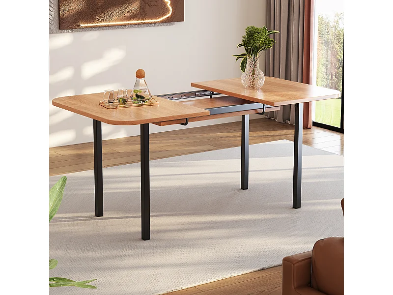 Mesa de comedor rectangular extensible para 4-6 personas en MDF, tablero acabado veta madera natural clara y patas de metal negro - 120/160x80x75cm