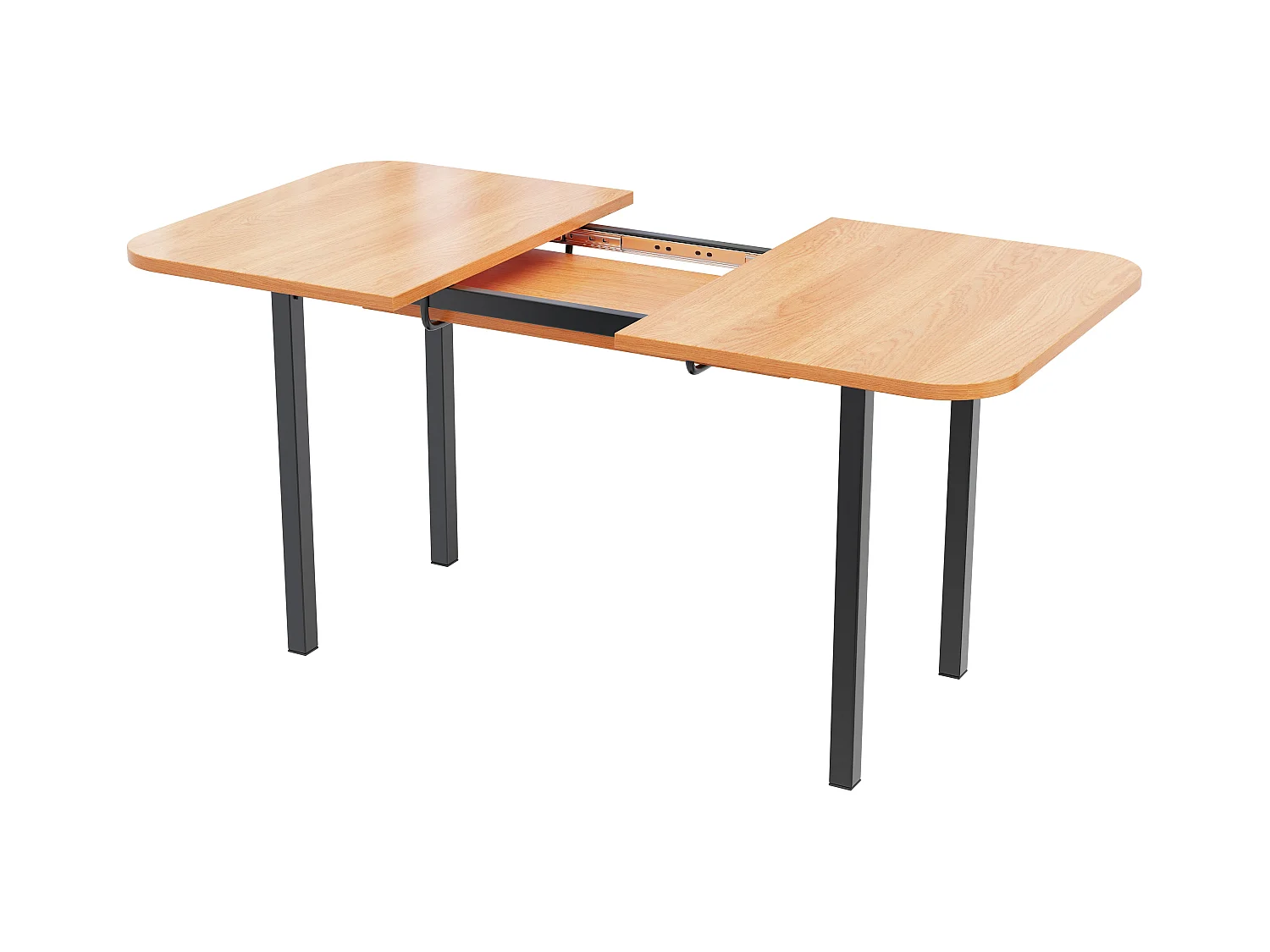 Table à manger rectangle extensible 4-6 personnes en MDF, plateau en finition woodgrain naturel clair et pieds en métal noir - 120/160x80x75cm