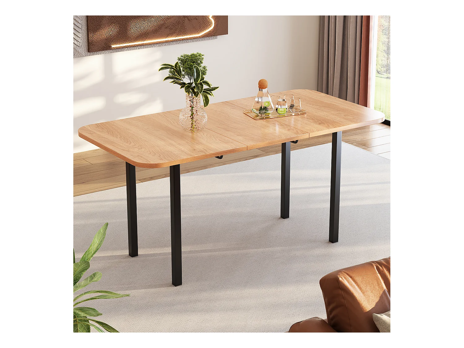 Uitschuifbare rechthoekige eettafel voor 4-6 personen van MDF, licht natuurlijk houtnerf afwerking aan de bovenkant en zwarte metalen poten - 120/160x80x75cm