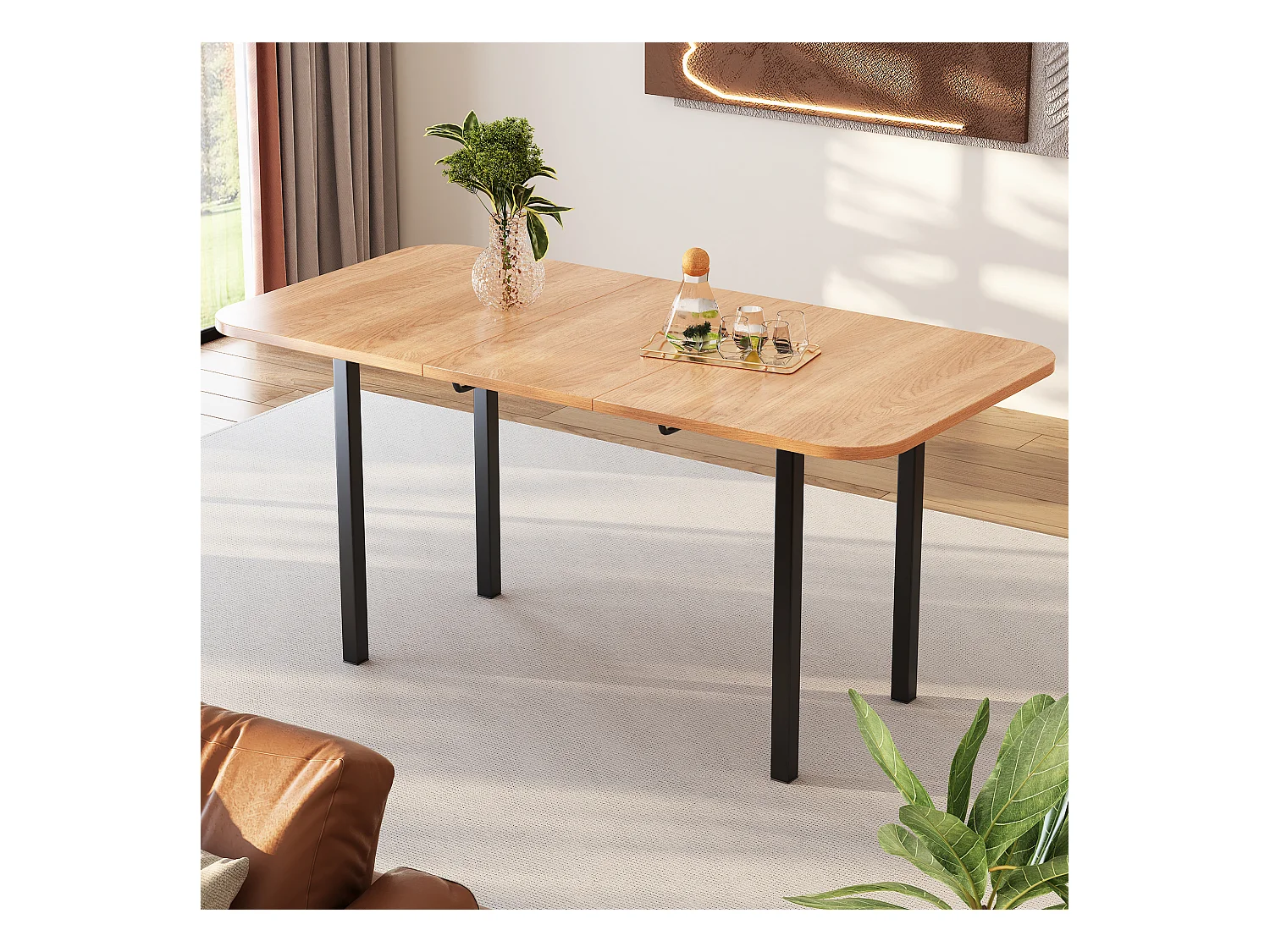 Uitschuifbare rechthoekige eettafel voor 4-6 personen van MDF, licht natuurlijk houtnerf afwerking aan de bovenkant en zwarte metalen poten - 120/160x80x75cm