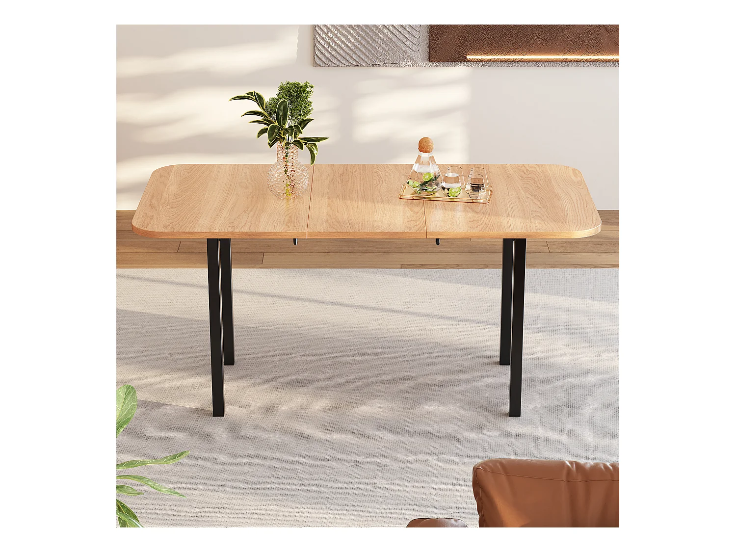 Uitschuifbare rechthoekige eettafel voor 4-6 personen van MDF, licht natuurlijk houtnerf afwerking aan de bovenkant en zwarte metalen poten - 120/160x80x75cm