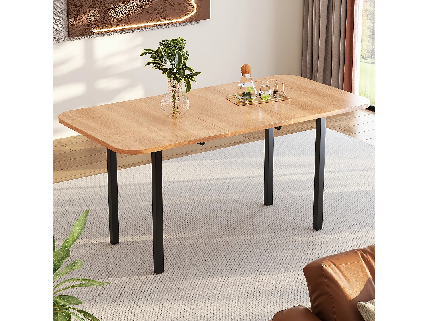 Table à manger rectangle extensible 4-6 personnes en MDF, plateau en finition woodgrain naturel clair et pieds en métal noir - 120/160x80x75cm