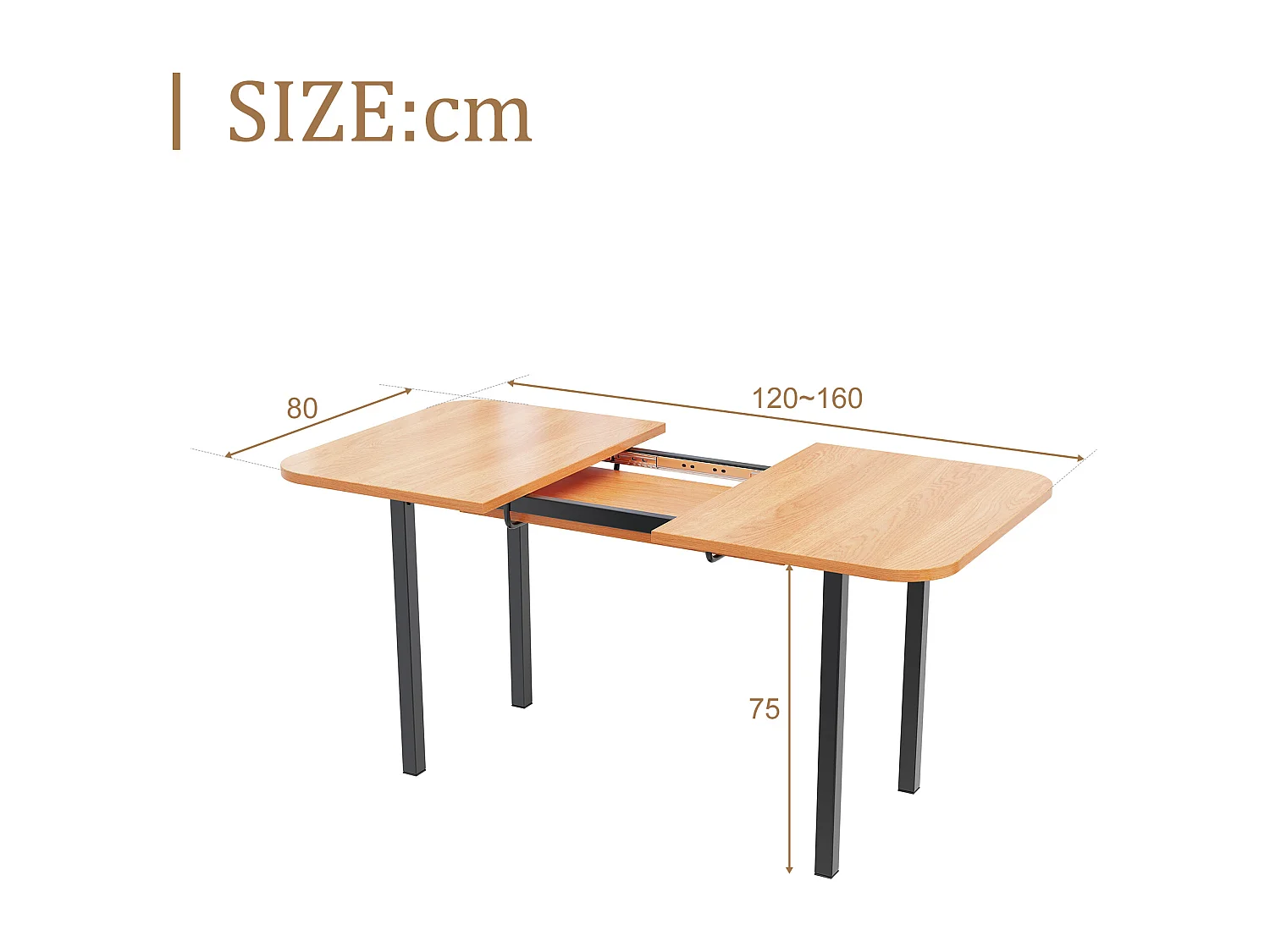 Table à manger rectangle extensible 4-6 personnes en MDF, plateau en finition woodgrain naturel clair et pieds en métal noir - 120/160x80x75cm