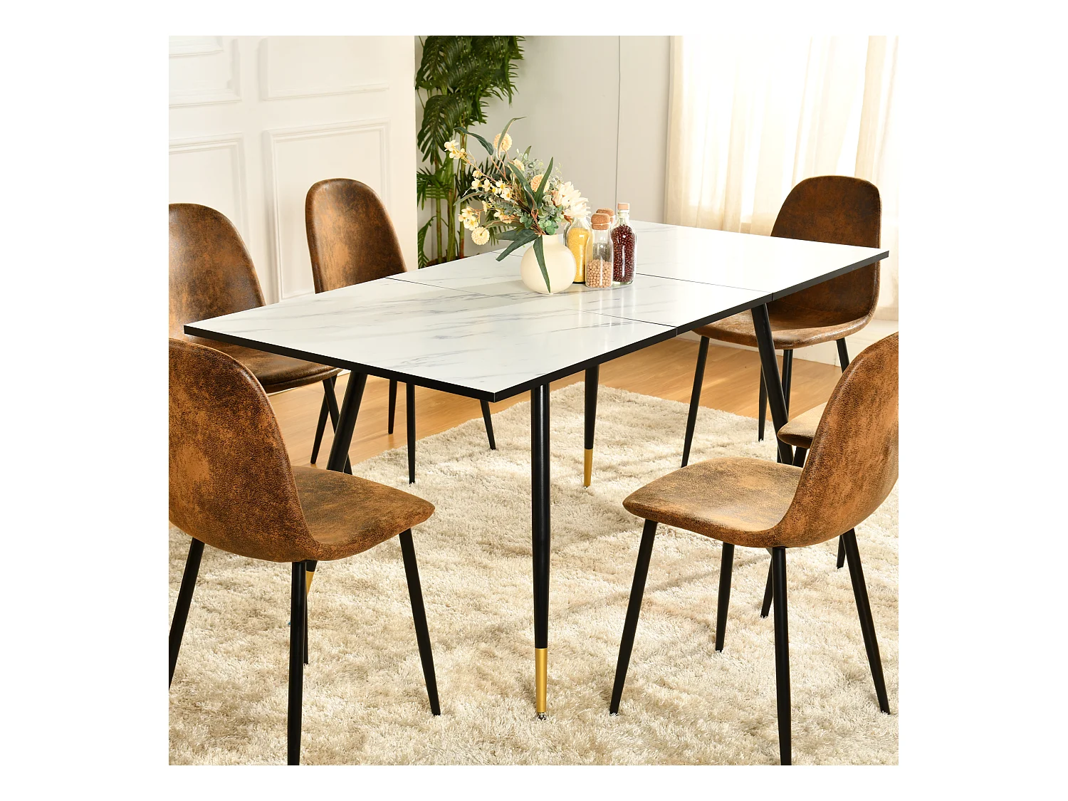 URBAN MEUBLE Table de salle à manger rectangulaire extensible blanche effet marbre de style scandinave pieds points dorés 120-160