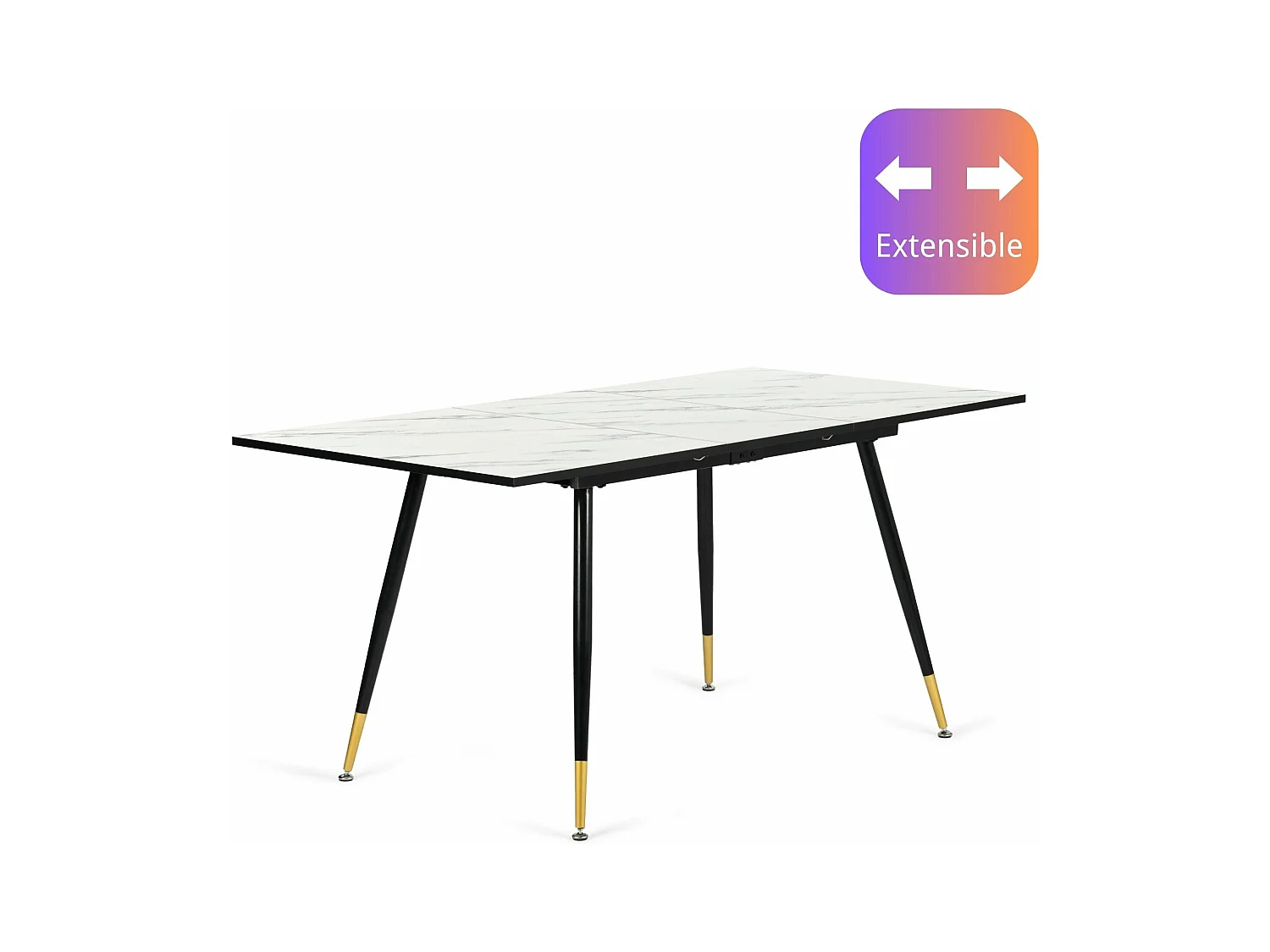 URBAN MEUBLE Table de salle à manger rectangulaire extensible blanche effet marbre de style scandinave pieds points dorés 120-160