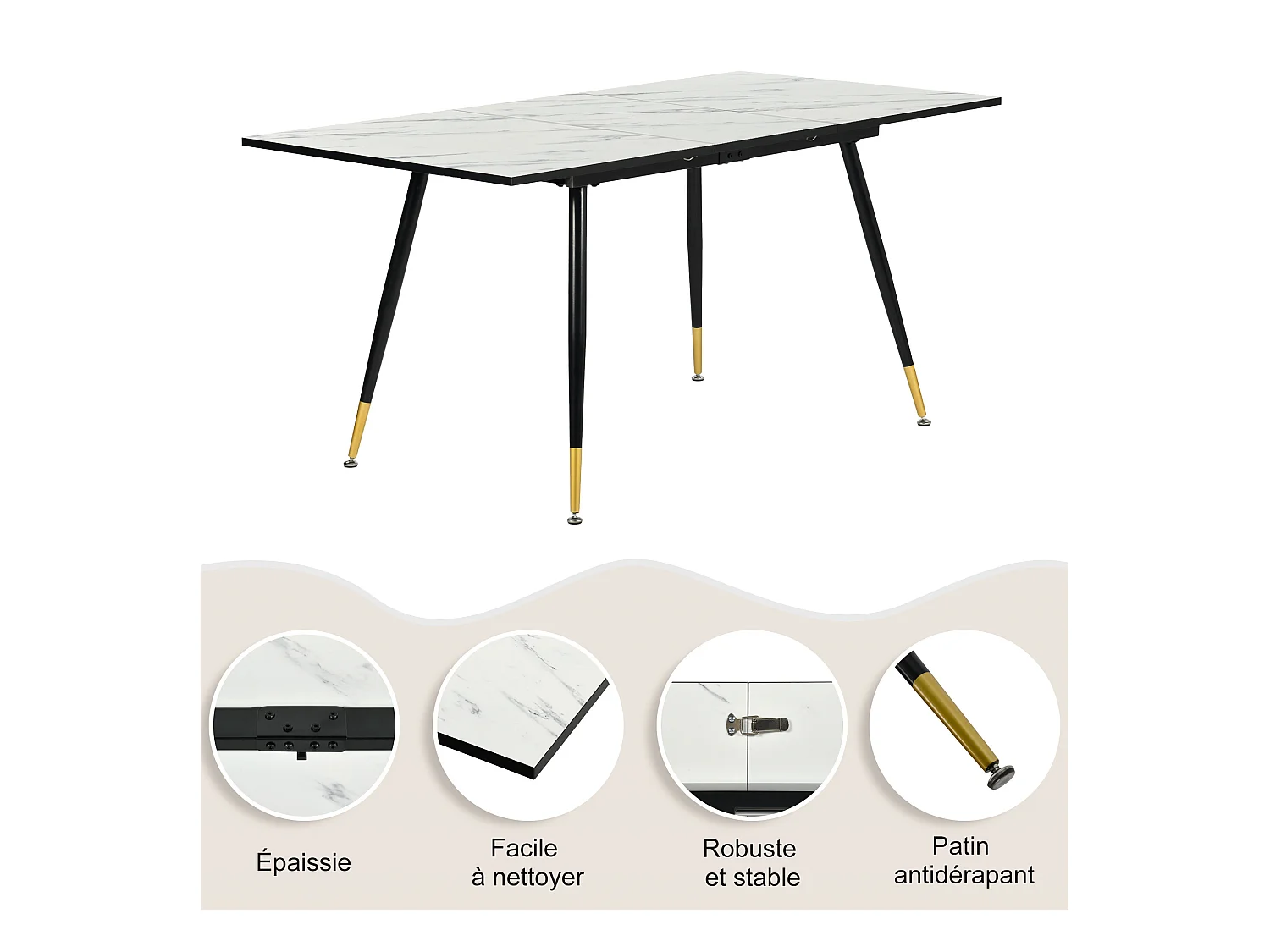 URBAN MEUBLE Table de salle à manger rectangulaire extensible blanche effet marbre de style scandinave pieds points dorés 120-160