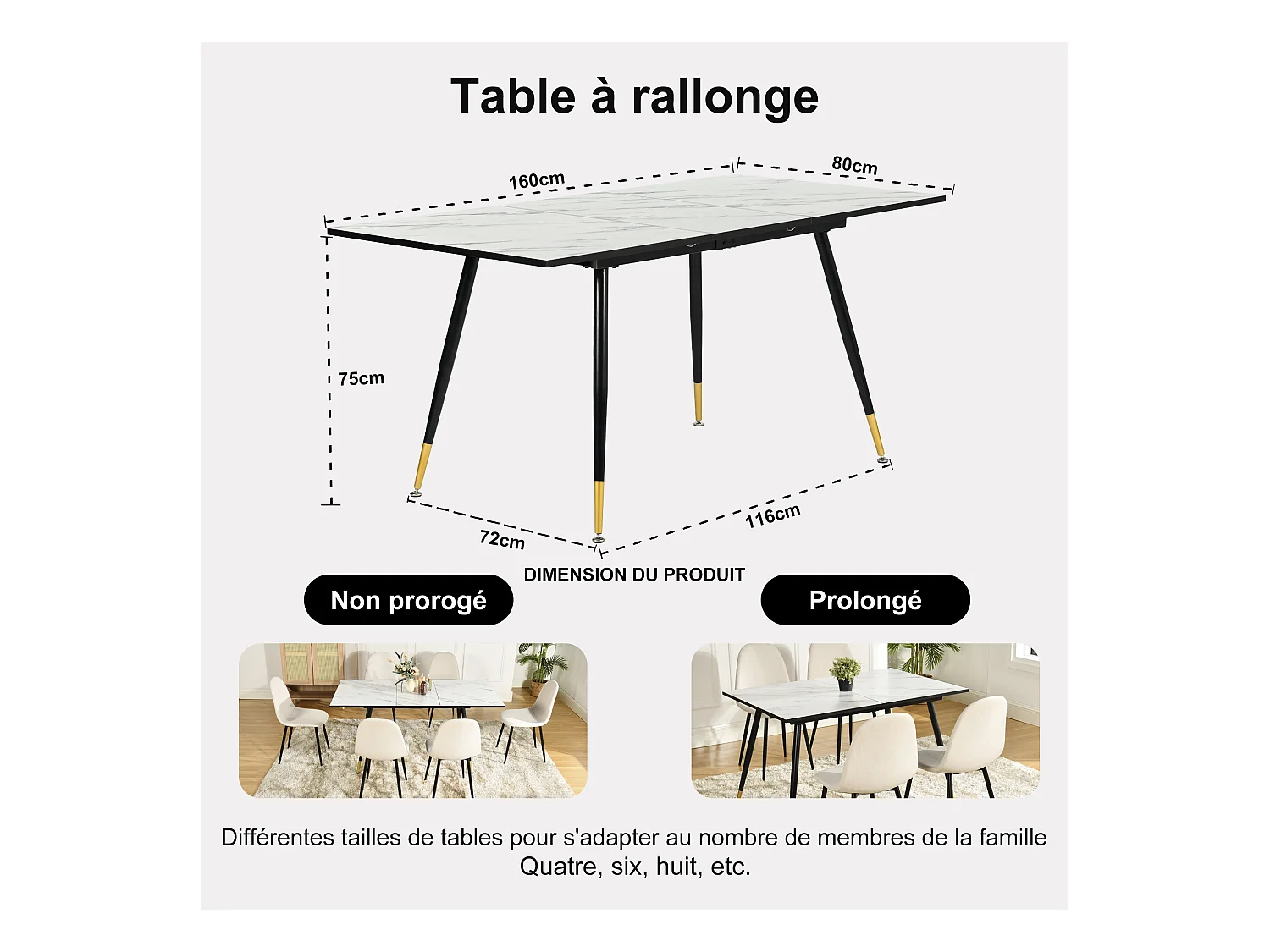 URBAN MEUBLE Table de salle à manger rectangulaire extensible blanche effet marbre de style scandinave pieds points dorés 120-160