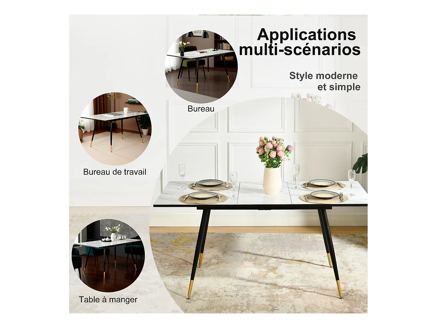 URBAN MEUBLE Table de salle à manger rectangulaire extensible blanche effet marbre de style scandinave pieds points dorés 120-160