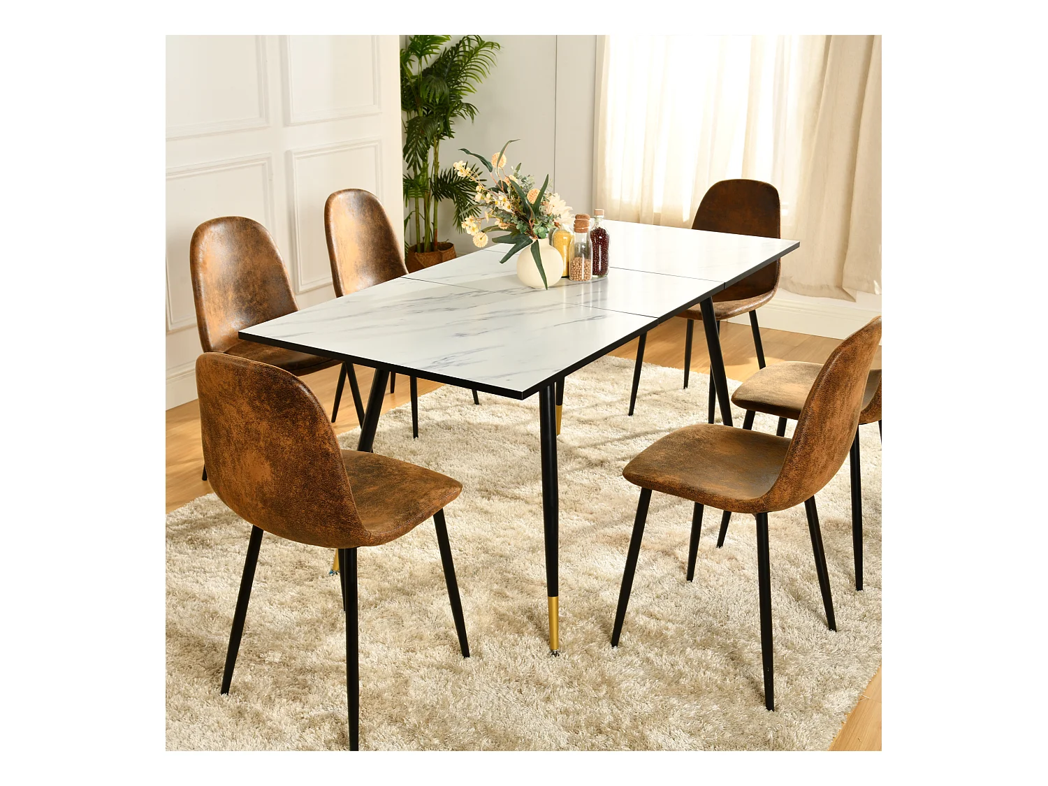 URBAN MEUBLE Table de salle à manger rectangulaire extensible blanche effet marbre de style scandinave pieds points dorés 120-160
