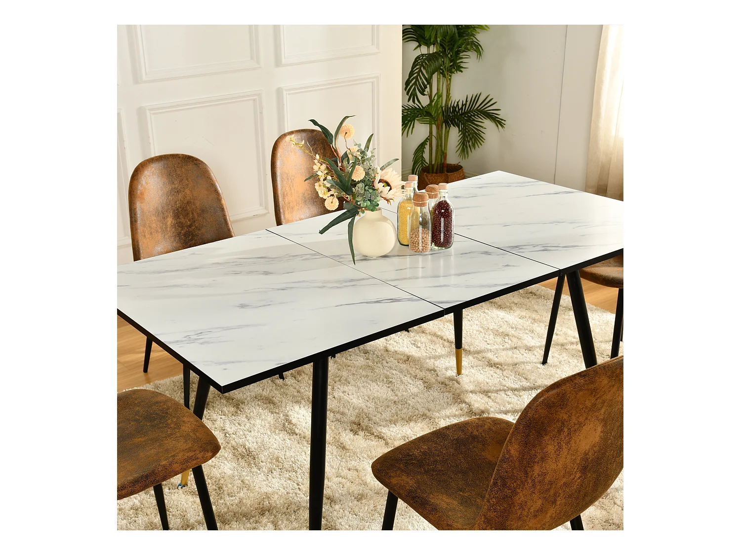 URBAN MEUBLE Table de salle à manger rectangulaire extensible blanche effet marbre de style scandinave pieds points dorés 120-160