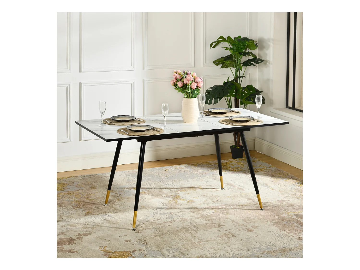 URBAN MEUBLE Table de salle à manger rectangulaire extensible blanche effet marbre de style scandinave pieds points dorés 120-160