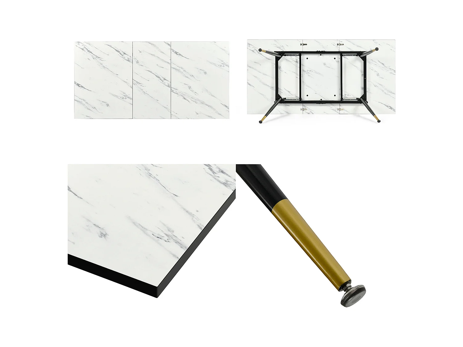 URBAN MEUBLE Table de salle à manger rectangulaire extensible blanche effet marbre de style scandinave pieds points dorés 120-160