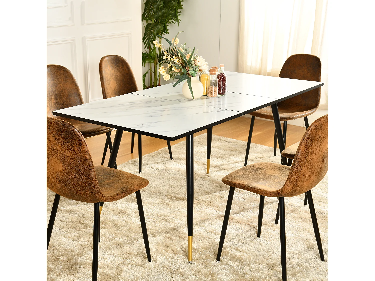 URBAN MEUBLE Table de salle à manger rectangulaire extensible blanche effet marbre de style scandinave pieds points dorés 120-160