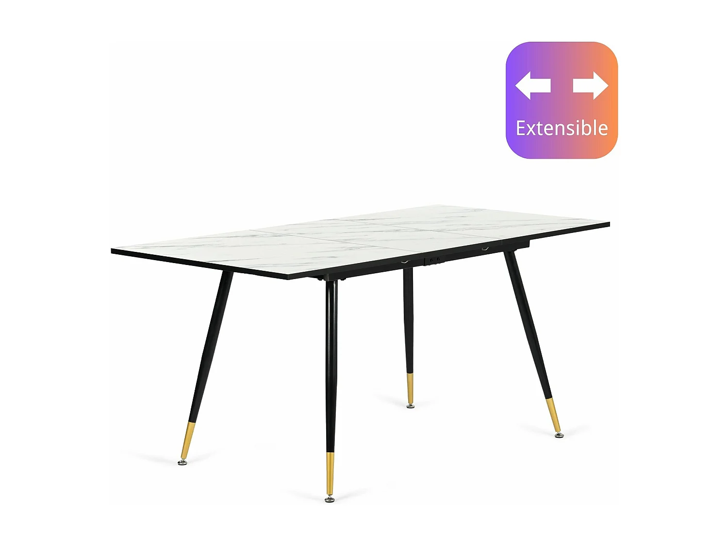 URBAN MEUBLE Table de salle à manger rectangulaire extensible blanche effet marbre de style scandinave pieds points dorés 120-160
