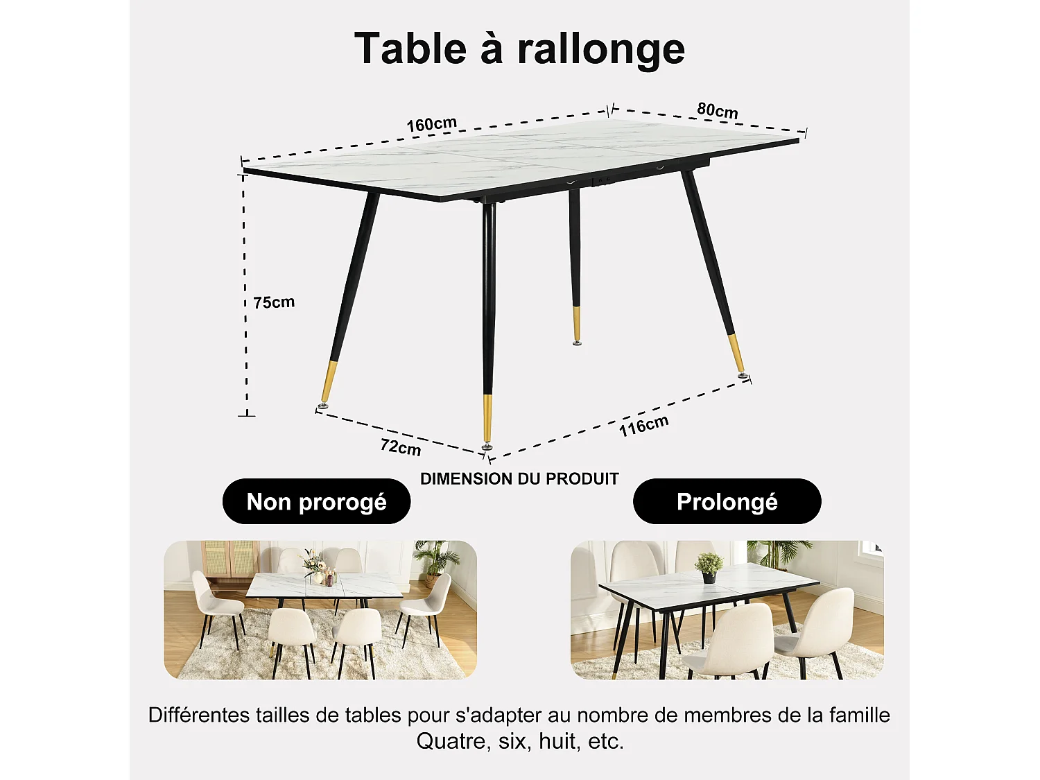 URBAN MEUBLE Table de salle à manger rectangulaire extensible blanche effet marbre de style scandinave pieds points dorés 120-160