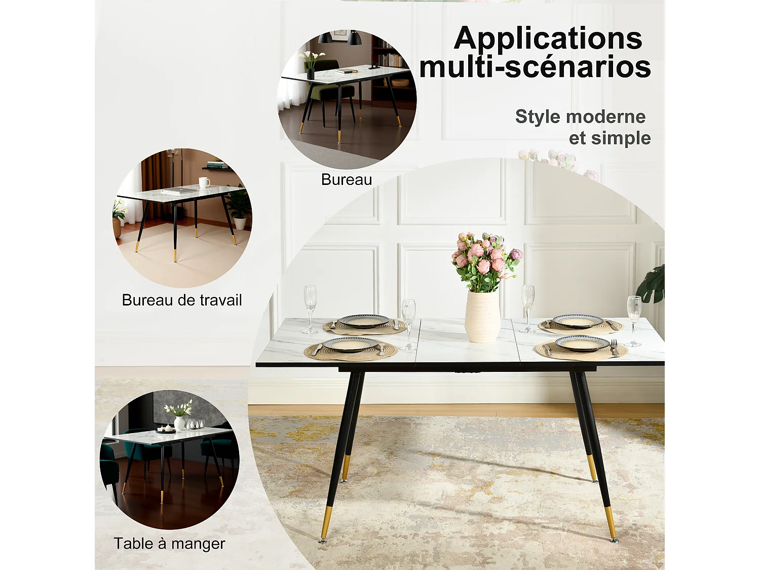 URBAN MEUBLE Table de salle à manger rectangulaire extensible blanche effet marbre de style scandinave pieds points dorés 120-160