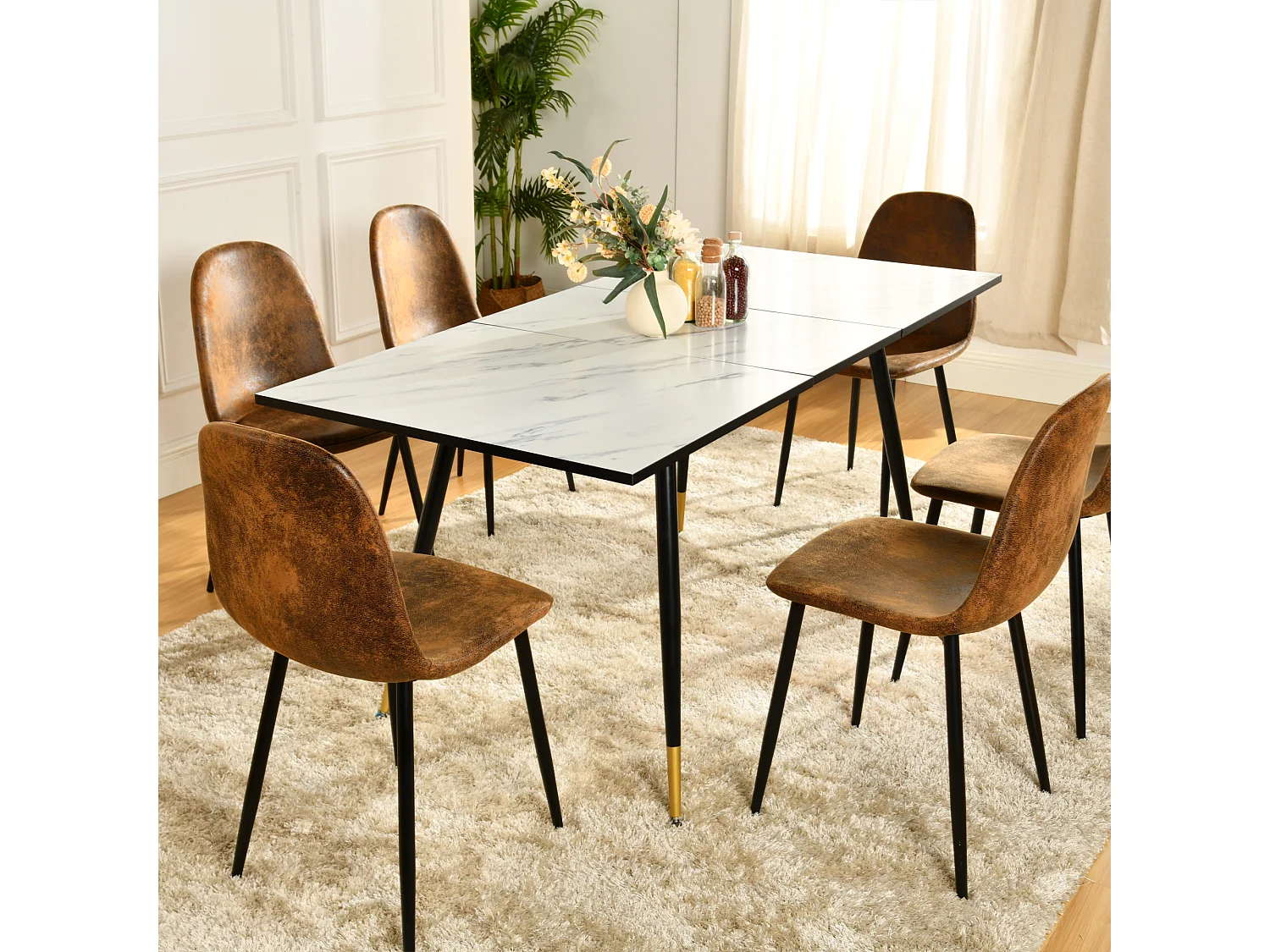 URBAN MEUBLE Table de salle à manger rectangulaire extensible blanche effet marbre de style scandinave pieds points dorés 120-160