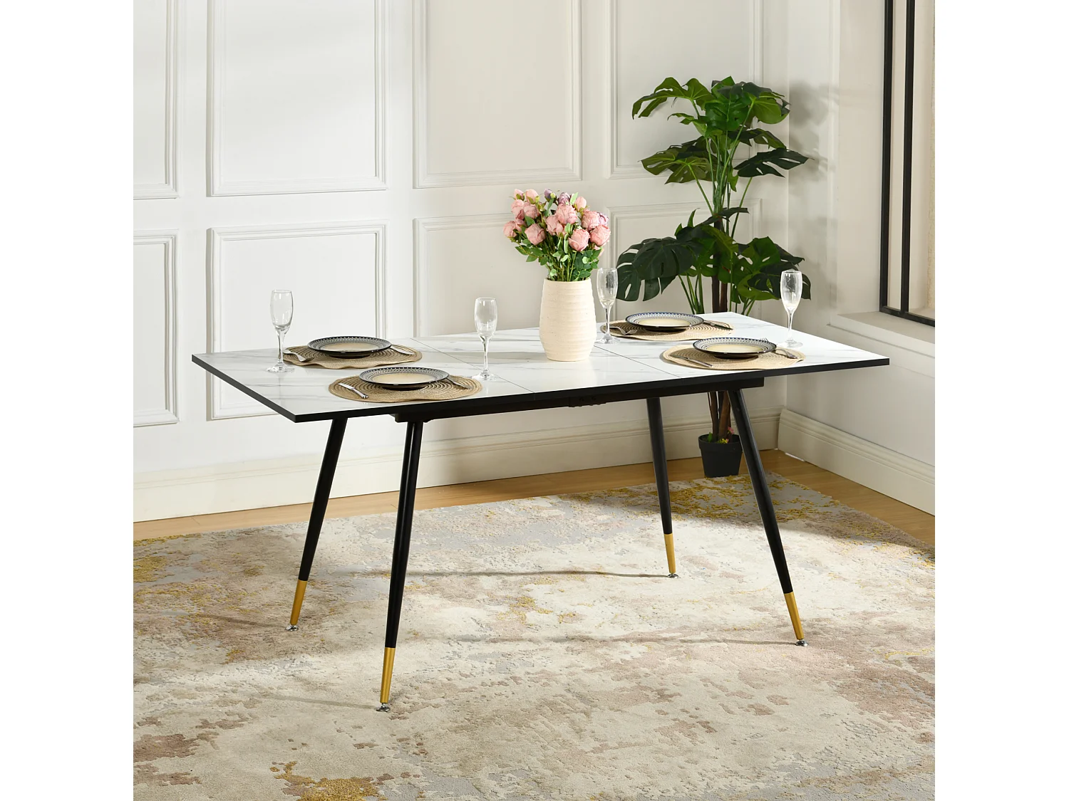 URBAN MEUBLE Table de salle à manger rectangulaire extensible blanche effet marbre de style scandinave pieds points dorés 120-160