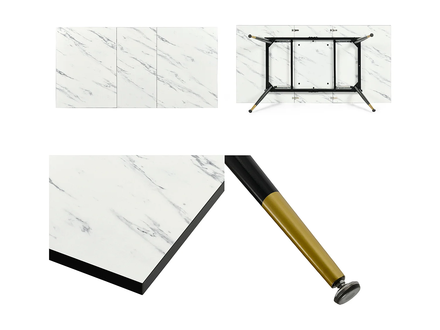 URBAN MEUBLE Table de salle à manger rectangulaire extensible blanche effet marbre de style scandinave pieds points dorés 120-160