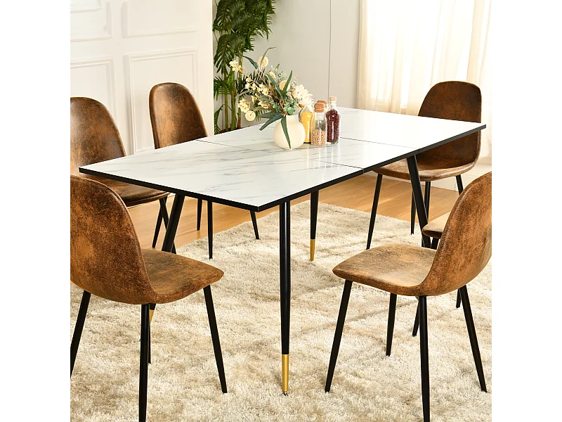 URBAN MEUBLE Table de salle à manger rectangulaire extensible blanche effet marbre de style scandinave pieds points dorés 120-160