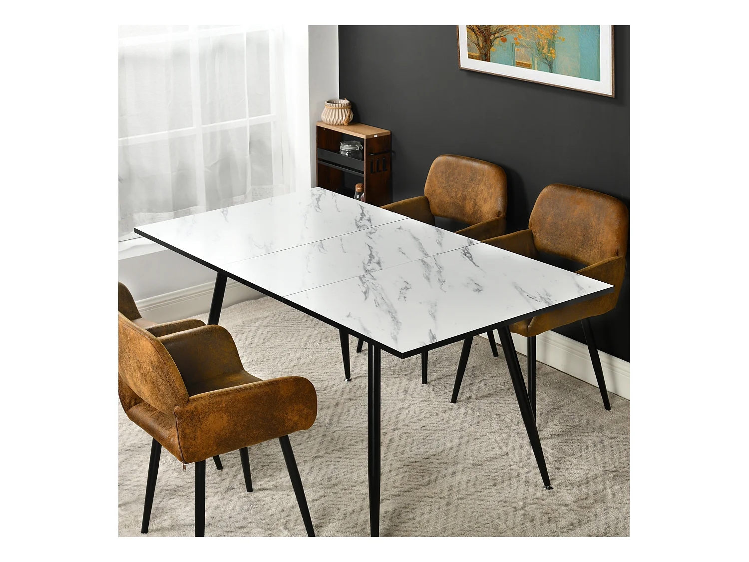 URBAN MEUBLE Table de salle à manger rectangulaire extensible blanche effet marbre de style scandinave pieds noir 120-160